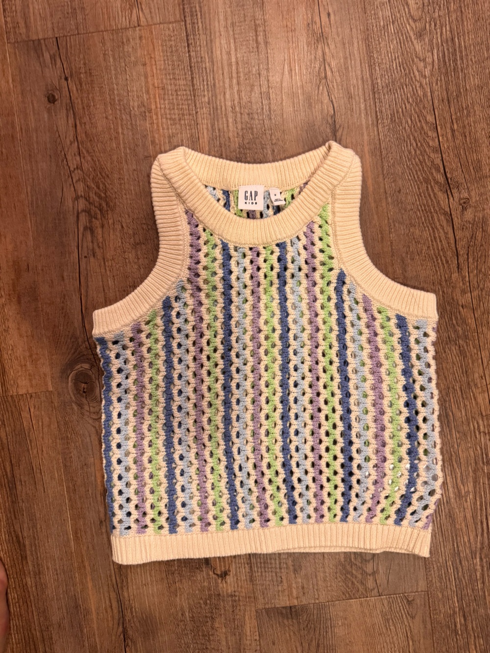 GAP Cream Crochet Tank with Pastel Blue, Green & Lavender Stripes